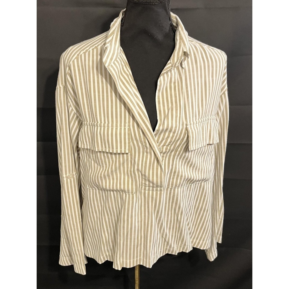 Max Studio Shirt Womens Small Beige‎ White Stripe Roll Tab Pocket Blouse